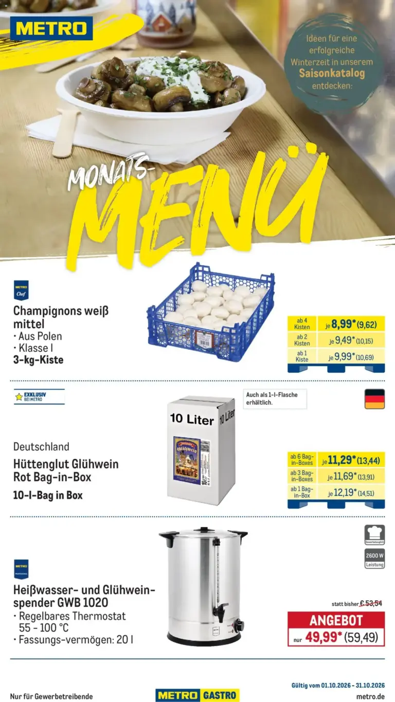 Metro Monats-Menü vom 01.10.2026 bis 31.10.2026